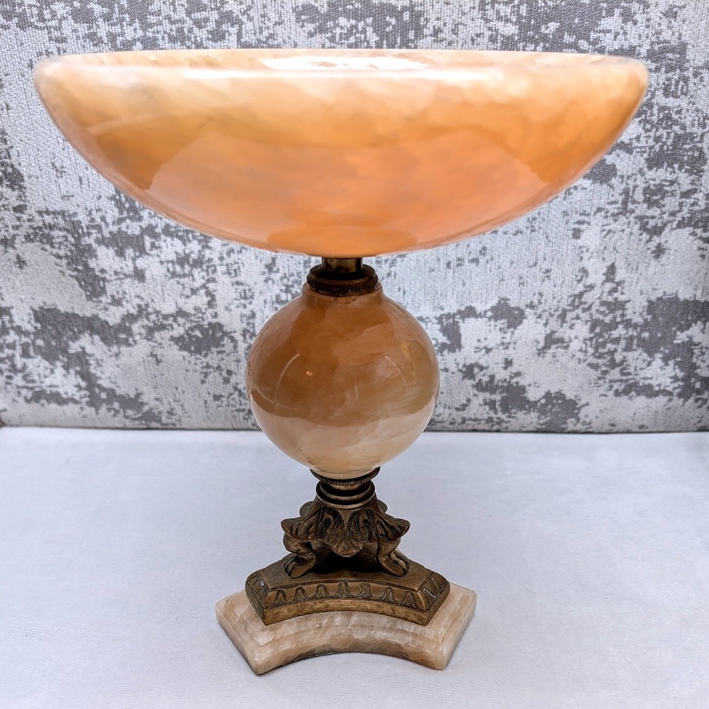 Vintage Alabaster Stone Compote Bowl Ornate Metal Tripod Pedestal Centerpiece 8"